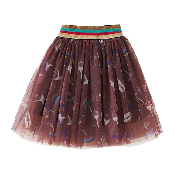 FINALGANG Kids Girls Tulle Skirt Colorful Cartoon Print Elastic Waistband With Contrast Trim Flared Tulle Skirt For Casual Daily Wear Trendy Bottoms