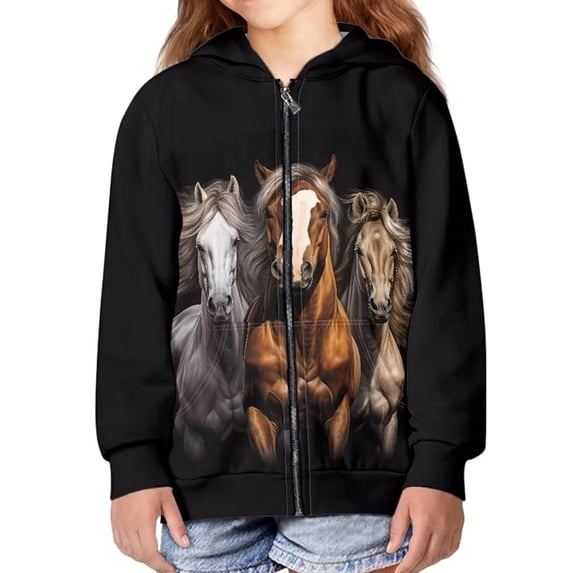 FINALGANG Kids Girls Zip Up Hoodie Horses Graphic Print Long Sleeve Casual Hooded Sweatshirt For Casual Daily Wear Black 4-5 Years