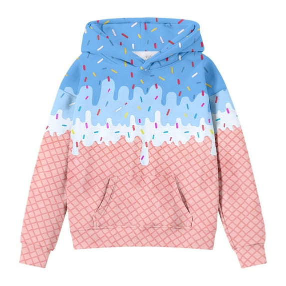 FINALGANG Kids Ice Cream Waffle Print Hoodie Boys Girls Comfortable Long Sleeve Pullover Sweatshirt With Kangaroo Pocket For Casual Daily Wear Versatile Top