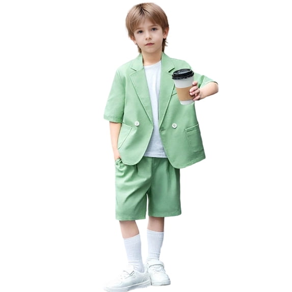 FINALGANG Kids Solid Color Lapel Collar Short Sleeve Blazer Matching Loose Shorts 2 Piece Suit Sets Summer Regular Fit Gentleman Outfits For Boys Fashion Outfit 5-6 Years