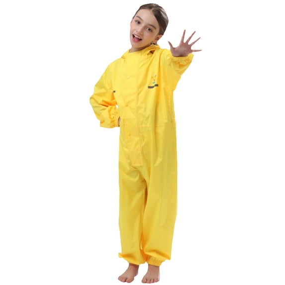 FINALGANG Kids Solid Color One Piece Rain Suit Hooded Design Button Closure Waterproof Fabric All Weather Rainwear For Boys Girls Yellow 6-7 Years