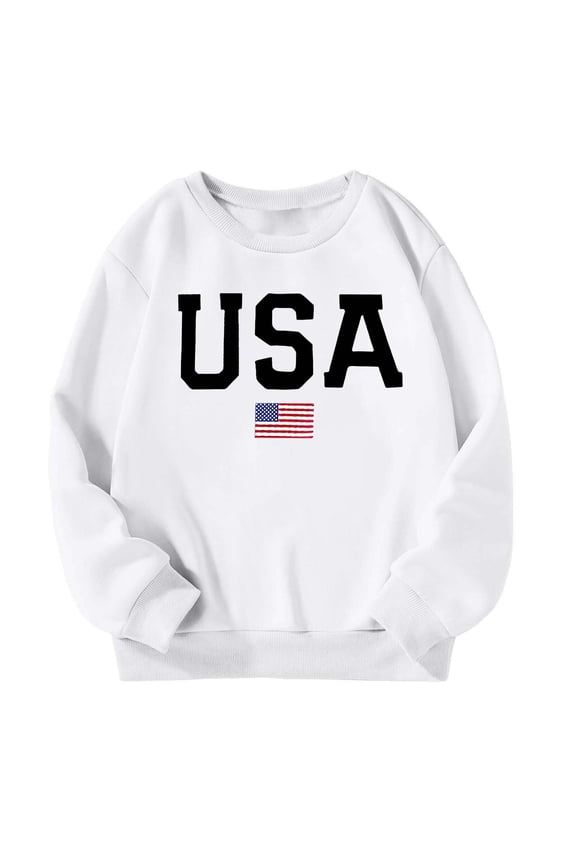 Kids Sweatshirt With USA Flag Print Boys Girls Comfortable Long Sleeve Crewneck Pullover For Casual Daily Wear Versatile Top