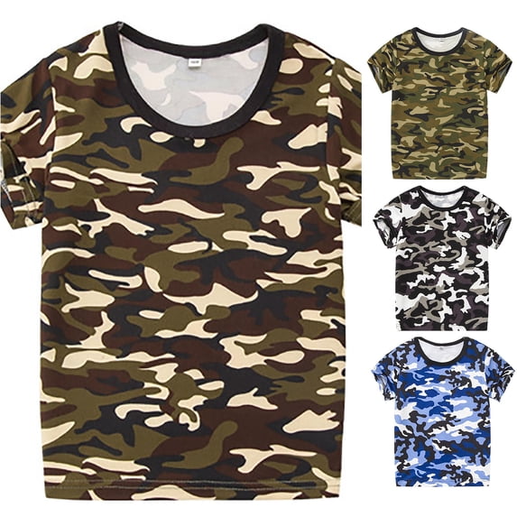 FINALGANG Kids Toddler Boys Girls Crew Neck Short Sleeve Full Camo Print Outdoor Camping Soft Tshirt Daily Regular Fit Basic Casual Tops For Young Children Stylish Top Coffee 12-24 Months