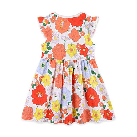 FINALGANG Kids Toddler Girls Floral Print Ruffle Sleeve Crewneck Dress Pleated Skirt Casual Spring Summer A Line Dress For Little Girls Daily Wear White 4-5 Years