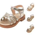 thumbnail image 1 of FINALGANG Little Girls Adjustable Ankle Strap Floral Applique Closed Toe Sandals Shiny Upper Flat Sole Summer Party Kids Princess Sandals Trendy Shoes 18-24 Months, 1 of 7