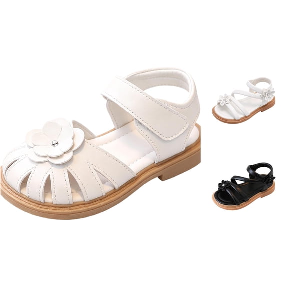 FINALGANG Little Girls Adjustable Ankle Strap Rhinestone Floral Multi Thin Strap Open Toe Sandals Thick Flat Sole Summer Casual Princess Sandals Classic Shoes 2-2.5 Years