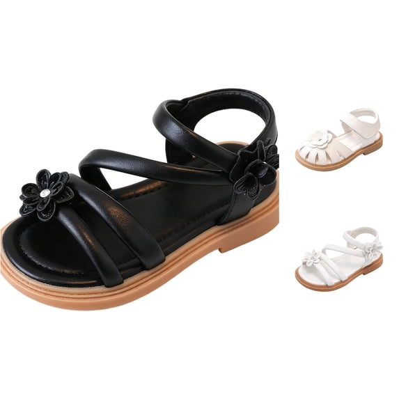 FINALGANG Little Girls Adjustable Ankle Strap Rhinestone Floral Multi Thin Strap Open Toe Sandals Thick Flat Sole Summer Casual Princess Sandals Cozy Shoes 8-9 Years