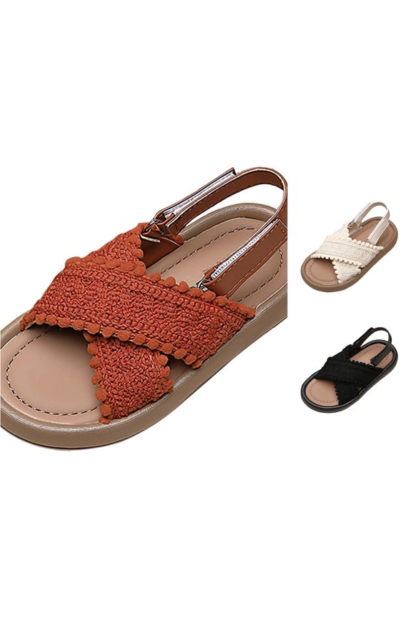 Little Girls Adjustable Strap Pom Pom Trim Crisscross Open Toe Sandals Textured Cushioned Sole Summer Daily Kids Sandals Trendy Shoes 1.5-2 Years