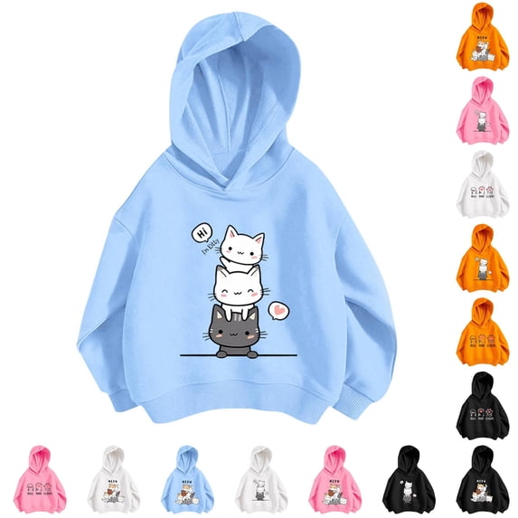 FINALGANG Little Kids Long Sleeve Pullover Hooded Sweatshirt With Cute Cartoon Cat Letter Print Spring Regular Fit Cute Daily Casual Hoodie Top For Boys Girls Classic Top Sky Blue 9-10 Years