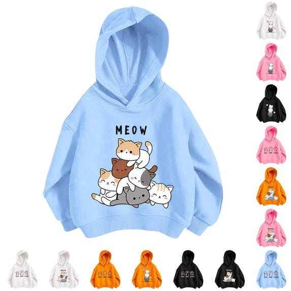 FINALGANG Little Kids Long Sleeve Pullover Hooded Sweatshirt With Cute Cartoon Cat Letter Print Spring Regular Fit Cute Daily Casual Hoodie Top For Boys Girls Stylish Top Light Blue 7-8 Years