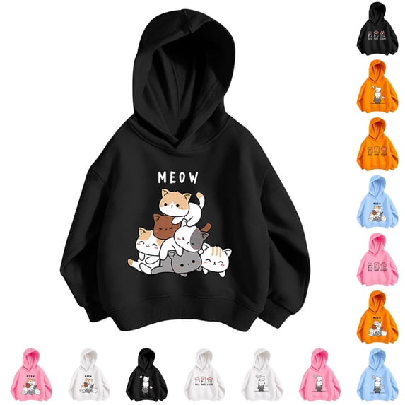 FINALGANG Little Kids Long Sleeve Pullover Hooded Sweatshirt With Cute Cartoon Cat Letter Print Spring Regular Fit Cute Daily Casual Hoodie Top For Boys Girls Stylish Top Grey 3-4 Years