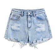FINALGANG Lovely Shorts For Girls Solid Color Stylish Ripped Denim Shorts Button Down Casual Bottom With Pockets Relaxed Fit Soft Daily Wear