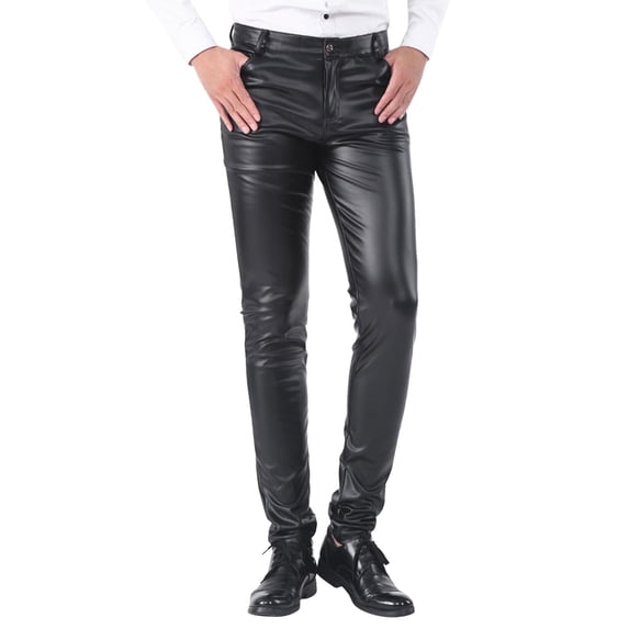 FINALGANG Men Cargo Pants Slim Fit High Waist Leather Trousers With Pockets Man Elegant Birthday Wedding Weekend Pants,Black,30/M