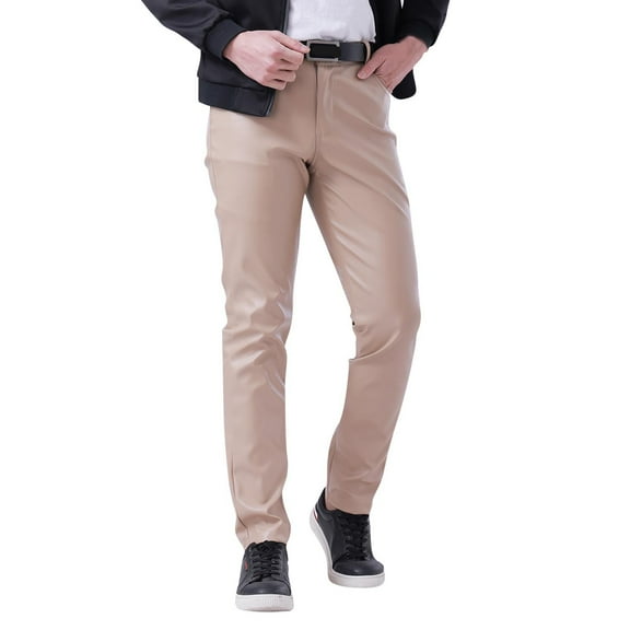 FINALGANG Men Cargo Pants Slim Fit High Waist Leather Trousers With Pockets Man Stylish Holiday Festival Party Pants,Khaki,32/L