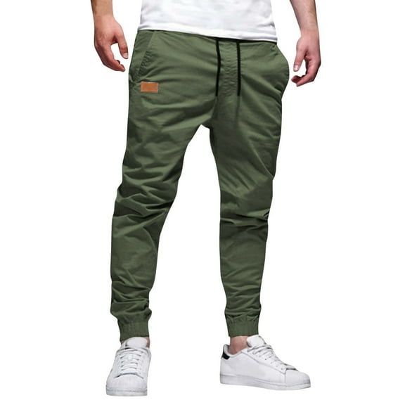 FINALGANG Men Cargo Pants Solid Color Elastic Waist Drawstring Jogger Trousers With Pockets Man Leisure Climbing Hiking Camping Cycling Pants,Army Green,L