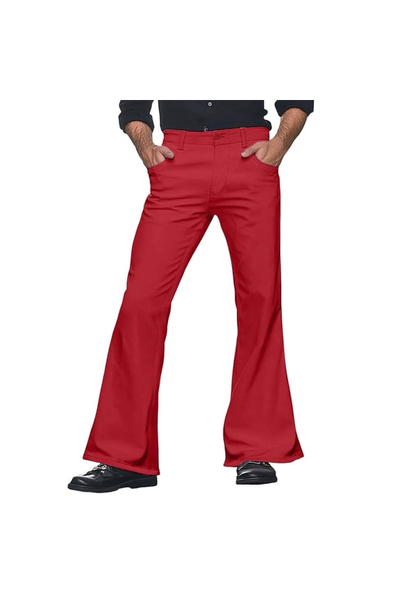 Men Flare Pants Solid Color Wide Leg Trousers With Pockets Man Elegant Birthday Wedding Weekend Pants,Red,L