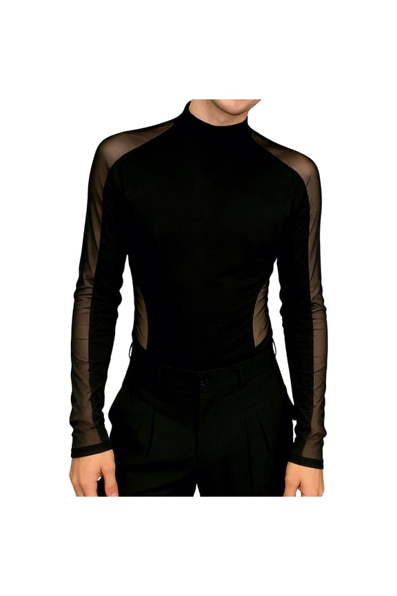 Men Half High Neck Long Sleeve Top Sheer Mesh Panel Raglan Slim Fit High Stretch Performance Training Form Fitting Fashion Pullover Classic Tops S