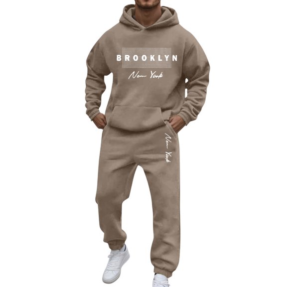 FINALGANG Men Hoodie Outfits Letter Printed Long Sleeve Hooded Sweatshirt Tops Sweatpants Set Mens Elegant Birthday Wedding Weekend Outfit,Khaki,Xl