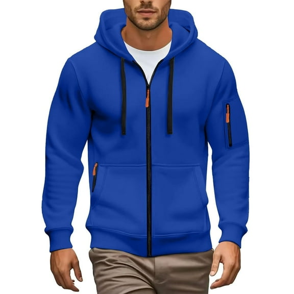 FINALGANG Men Hoodies Solid Color Long Sleeve Hooded Zip Up Coat With Pockets Mens Breathable Holiday Party Vacation Sweatshirts,Blue,Xl