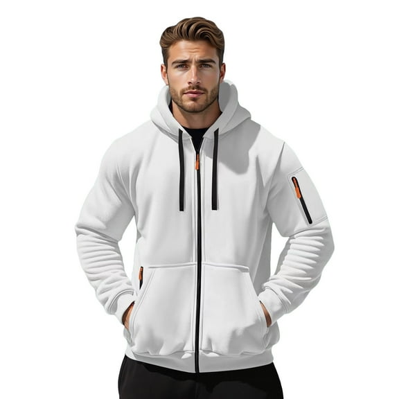 FINALGANG Men Hoodies Solid Color Slim Fit Long Sleeve Hooded Zip Up Coat With Pockets Mens Leisure Indoor Outdoor Wear Travel Sweatshirts,White,Xl