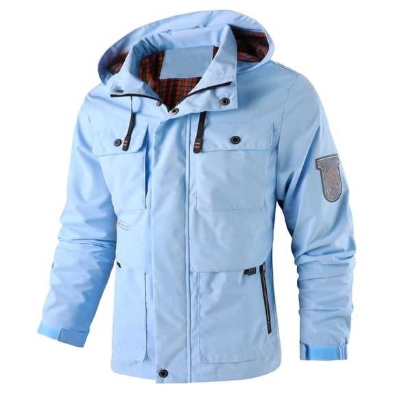 FINALGANG Men Jackets Autumn Winter Lightweight Windbreaker Long Sleeve Hooded Zip Up Button Coat With Pockets Man Classic Indoor Outdoor Wear Jacket,Light Blue,Xxxl