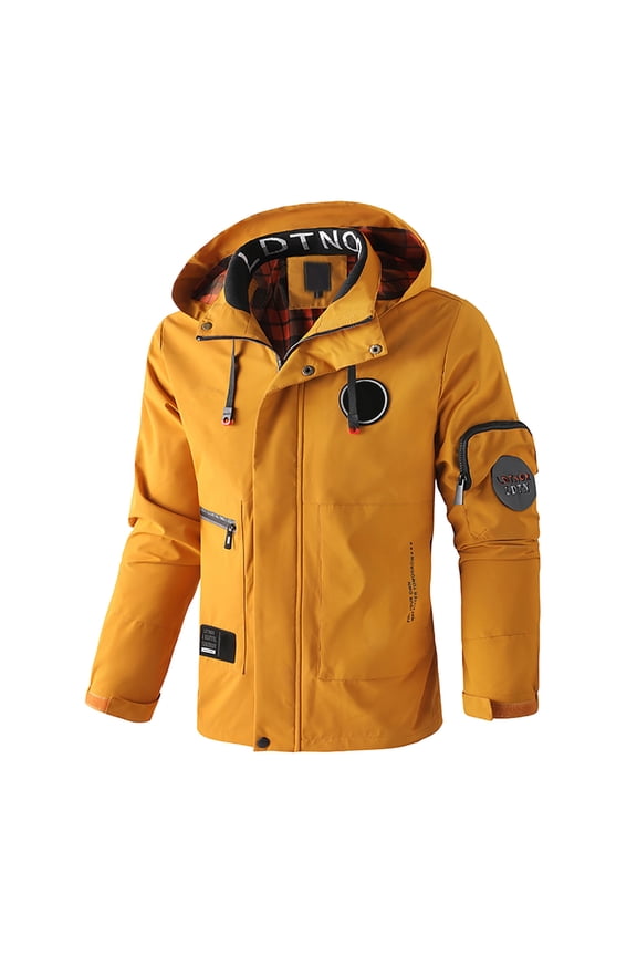Men Jackets Autumn Winter Lightweight Windbreaker Long Sleeve Hooded Zip Up Button Coat With Pockets Man Handsome Casual Daily Party Photoshoot Jacket,Yellow,L