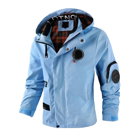 FINALGANG Men Jackets Autumn Winter Lightweight Windbreaker Long Sleeve Hooded Zip Up Button Coat With Pockets Man Trendy Climbing Hiking Camping Cycling Jacket,Light Blue,Xl