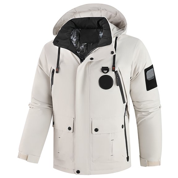 FINALGANG Men Jackets Autumn Winter Lightweight Windbreaker Long Sleeve Hooded Zip Up Button Coat With Pockets Man Trendy Riding Motorcycle Work Jacket,White,L