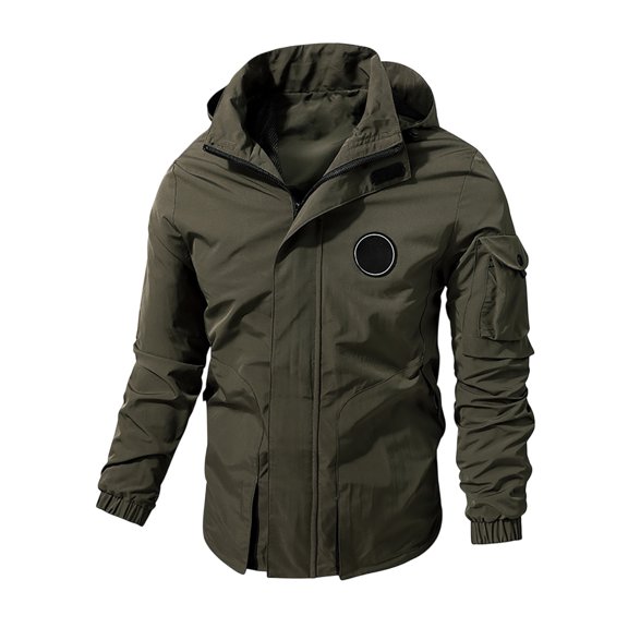 FINALGANG Men Jackets Autumn Winter Warm Windproof Casual Long Sleeve Hooded Zip Up Hook And Loop Coat With Pockets Man Stylish Riding Motorcycle Work Jacket,Army Green,Xxxxxxxl