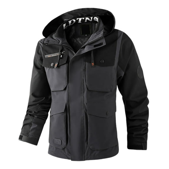 FINALGANG Men Jackets Autumn Winter Warm Windproof Color Block Long Sleeve Hooded Zip Up Hook And Loop Coat With Pockets Man Stylish Climbing Hiking Camping Cycling Jacket,Grey,L