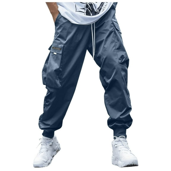 FINALGANG Men New Trousers Solid Color Labeling Cargo Pants Drawstring Ankle-Tied Sweatpants With Pockets Suitable For Various Occasions