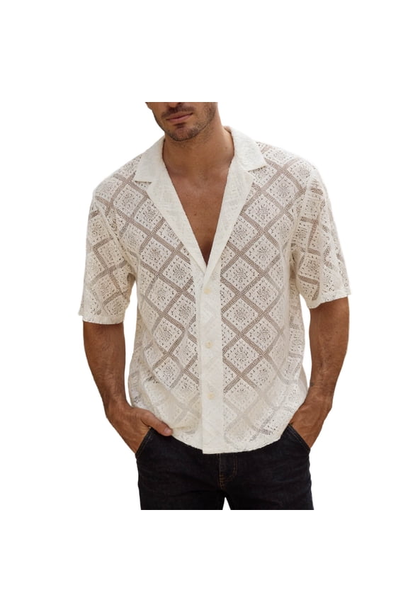 Men Notched Lapel Collar Short Sleeve Shirt Hollow Crochet Grid Pattern Button Front Loose Breathable Resort Beach Vacation Casual Shirt Stylish Tops XXXL