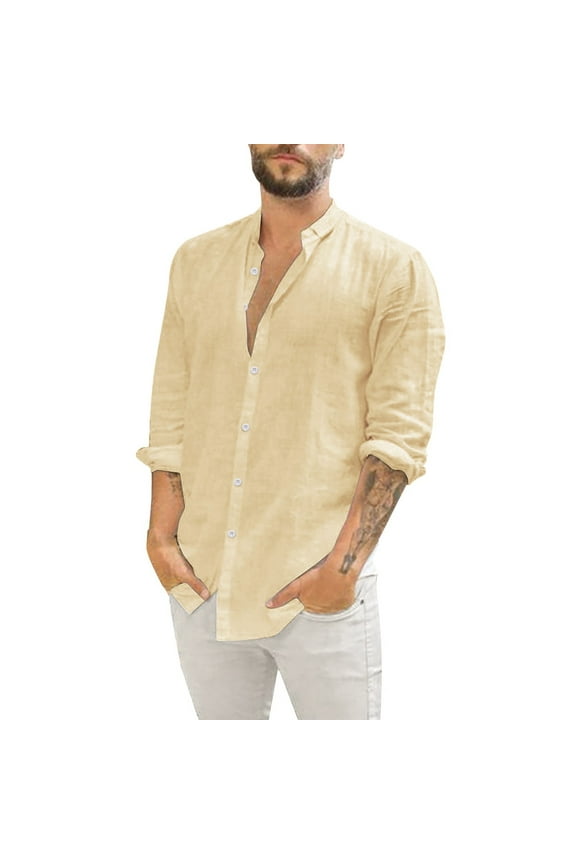 Men Summer Shirt Solid Color 3/4 Sleeve Turndown Collar Buttons Down Cotton Linen Shirts Comfort Clothes