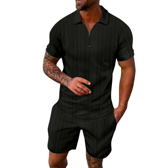 FINALGANG Men Versatile Outfits Solid Color Short Sleeve Turndown Collar 1/4 Zipper Polo Shirt Shorts Sport Set Relaxed Fit Breathable Daily Wear