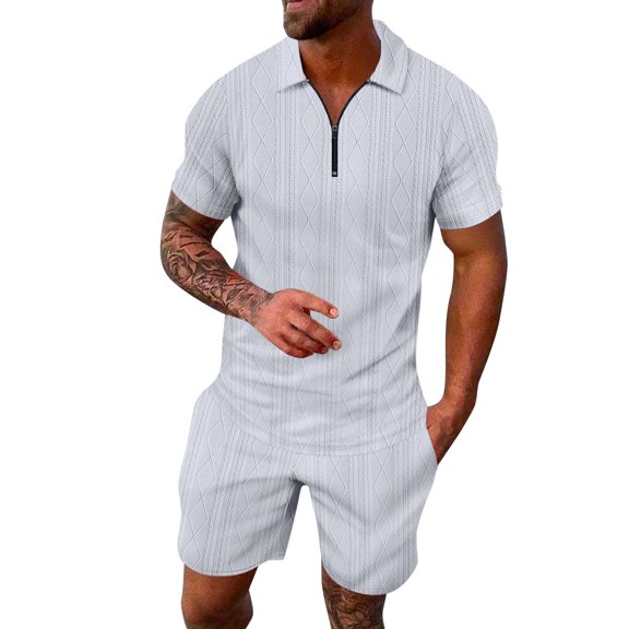 FINALGANG Men Versatile Outfits Solid Color Short Sleeve Turndown Collar 1/4 Zipper Polo Shirt Shorts Sport Set Relaxed Fit Breathable Daily Wear