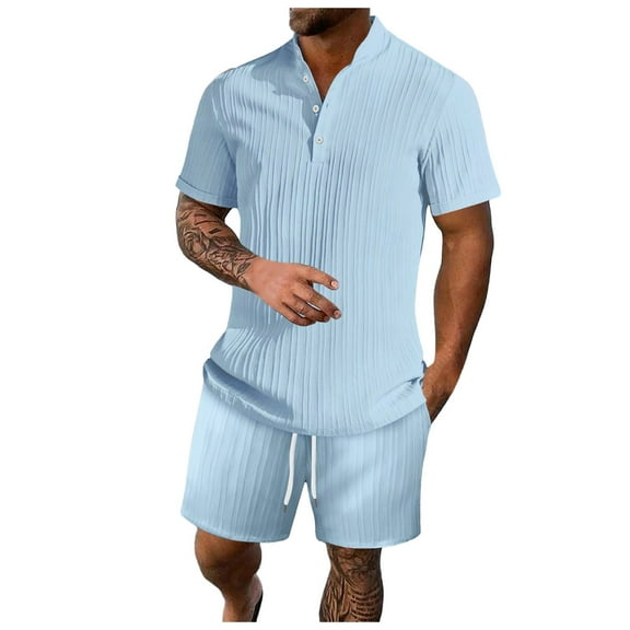 FINALGANG Men Versatile Outfits Solid Color Short Sleeve Turndown Collar 3 Buttons Down Shirt Drawstring Shorts Casual Set Design Durable Soft Fabric