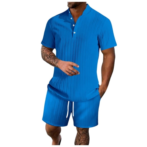 FINALGANG Men Versatile Outfits Solid Color Short Sleeve Turndown Collar 3 Buttons Down Shirt Drawstring Shorts Casual Set Design Durable Soft Fabric