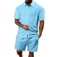 thumbnail image 1 of FINALGANG Men Versatile Outfits Solid Color Short Sleeve Turndown Collar Buttons Down Jacquard Shirt Drawstring Shorts Casual Set Relaxed Fit Breathable Daily Wear, 1 of 6