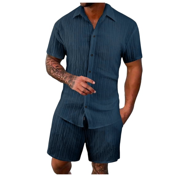 FINALGANG Men Versatile Outfits Solid Color Short Sleeve Turndown Collar Buttons Down Jacquard Shirt Shorts Casual Beach Set Relaxed Fit Breathable Daily Wear