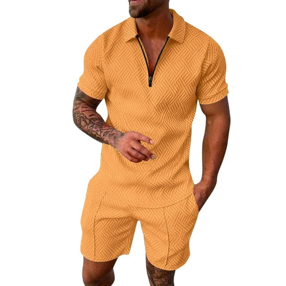 FINALGANG Men Versatile Outfits Stripe Print Short Sleeve Turndown Collar 1/4 Zipper Shirt Shorts Casual Set Design Durable Soft Fabric