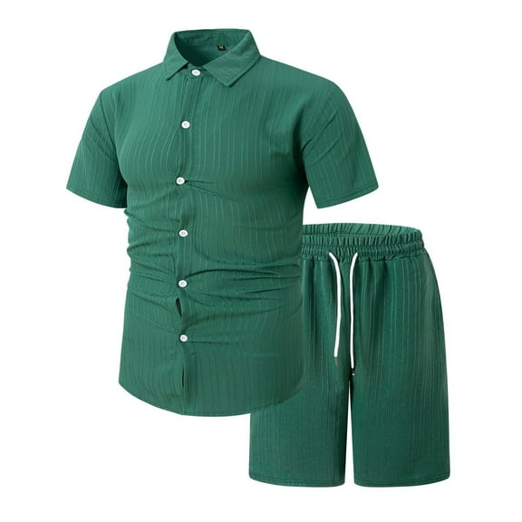 FINALGANG Men Versatile Outfits Stripe Print Short Sleeve Turndown Collar Buttons Down Shirt Drawstring Shorts Casual Beach Set Design Durable Soft Fabric