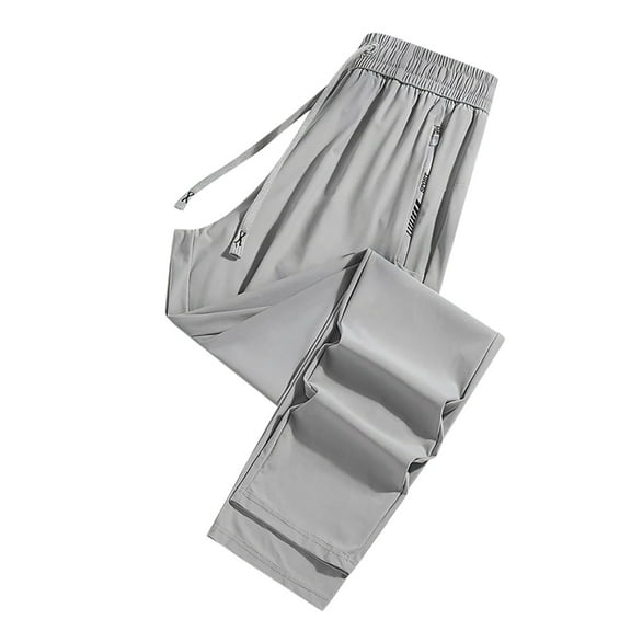 FINALGANG Men Versatile Trousers Solid Color Ice Silk Drawstring Sweatpants Thin Outdoor Pants With Zipper Pockets Relaxed Fit Comfort Daily Wear
