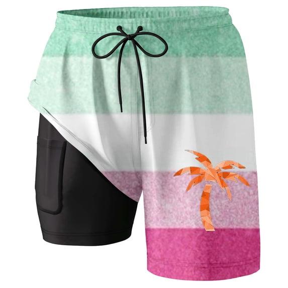 FINALGANG Men's Beach Shorts Color Block Striped Double-Layer Swim Trunks Coconut Tree Print Elastic Drawstring Waist Quick Dry Shorts For Beach Vacation Wear Trendy Bottoms Light Green XXXL