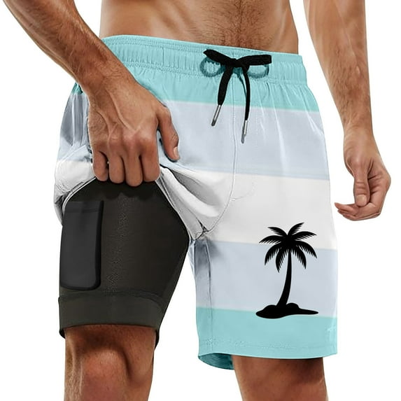FINALGANG Men's Beach Shorts Gradient Striped Double-Layer Swim Trunks With Coconut Tree Print Elastic Drawstring Waist Quick Dry Shorts For Summer Beach Wear Fashionable Bottoms Light Blue XXXXXL