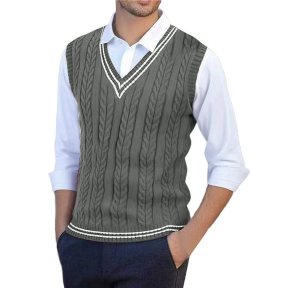 FINALGANG Men's Cable Knit Sweater Vest Winter Warm Contrast Trim Pullover Sleeveless V Neck Jumper For Cold Weather Daily Wear Soft Knitwear