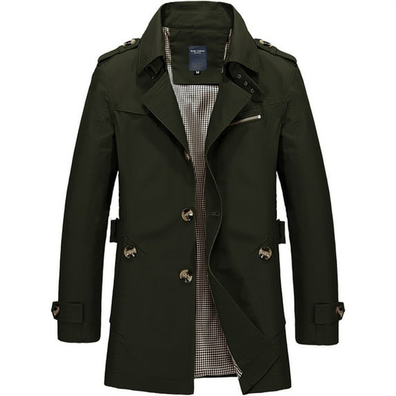 FINALGANG Men's Coat Classic Solid Color Mid Length Trench Coat With Plaid Lining Long Sleeve Button Front Formal Coat For Business Daily Outdoor Wear Versatile Outerwear