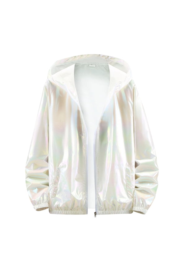 Men's Coat Holographic Reflective Windbreaker Loose Fit Jacket With Hood Iridescent Color Long Sleeve Zipper Front Coat For Casual Daily Streetwear Versatile Outerwear