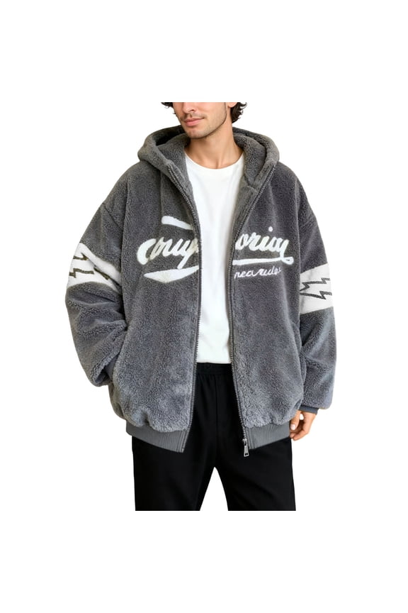 Men's Coat Oversized Color Block Plush Hooded Jacket Letter Graphic Print Long Sleeve Full Zipper Front Coat For Cold Weather Daily Casual Streetwear Leisure Outerwear