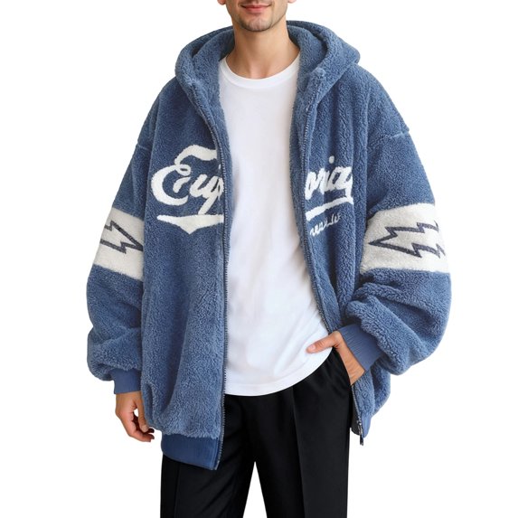 FINALGANG Men's Coat Oversized Color Block Plush Hooded Jacket Letter Graphic Print Long Sleeve Full Zipper Front Coat For Cold Weather Daily Casual Streetwear Leisure Outerwear