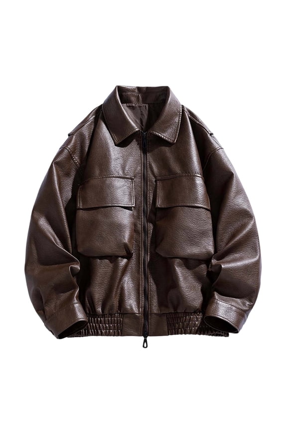 Men's Coat Oversized Solid Color Leather Bomber Jacket Flap Pockets Textured Long Sleeve Zipper Coat For Daily Streetwear Soft Outerwear